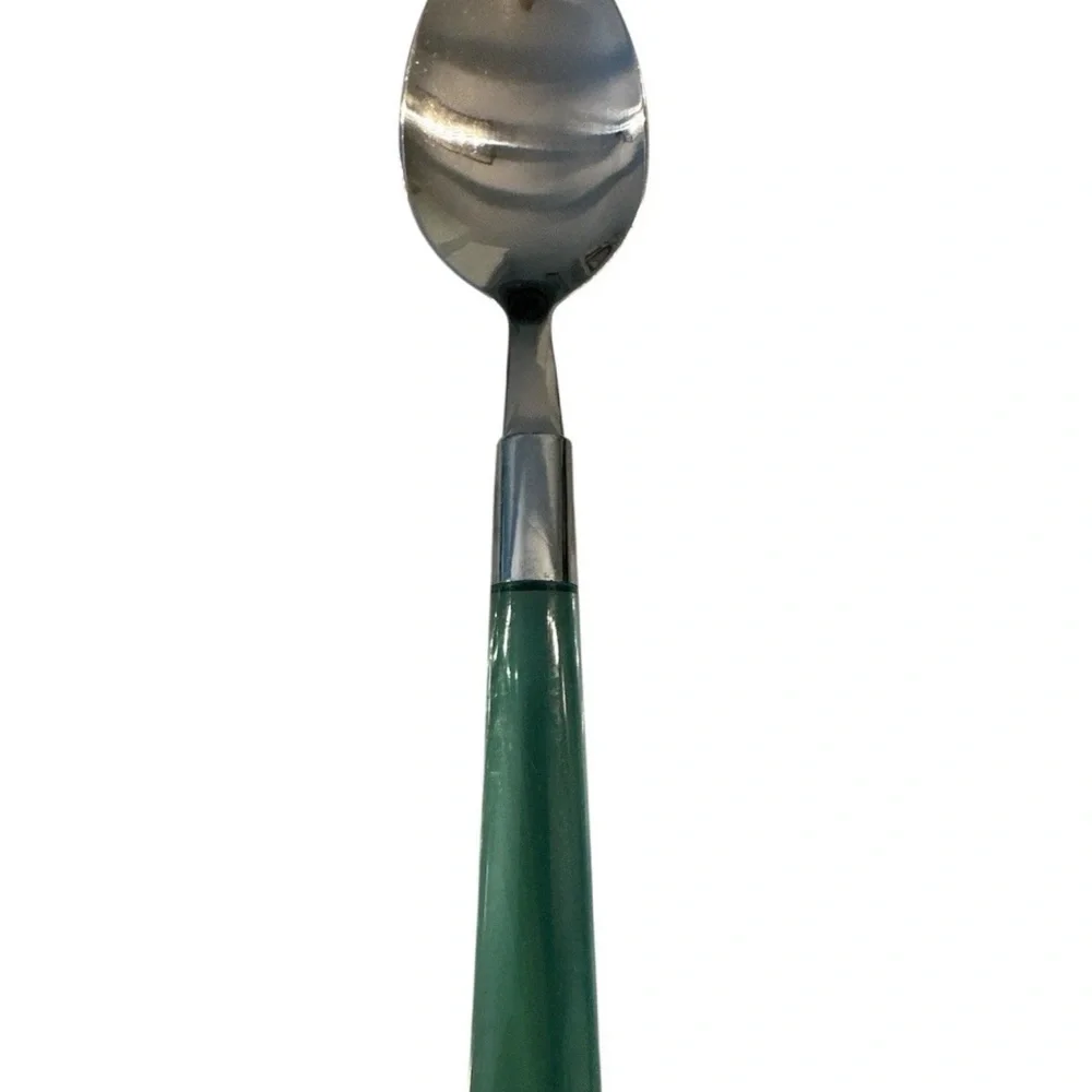 Vintage Emerald Green Acrylic Handle Stainless Flatware Set of 7 Serving Spoons